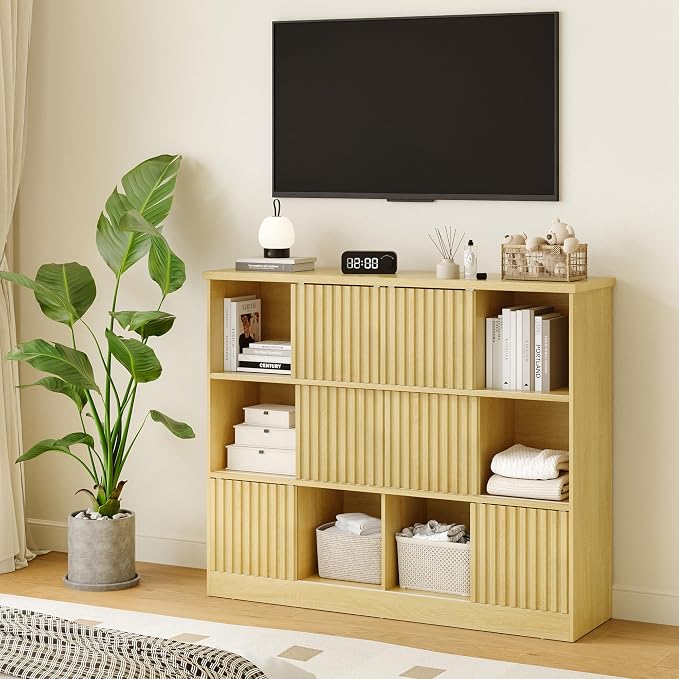 iPormis 12 Cube Bookcase with 6 Fluted Sliding Doors, 3 Tier Wooden Bookshelf - Image 9
