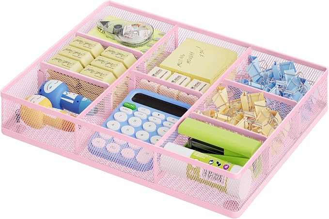 Marbrasse Pink Desk Drawer Organizer, Metal Mesh Drawer Organizer Tray by Marbrasse