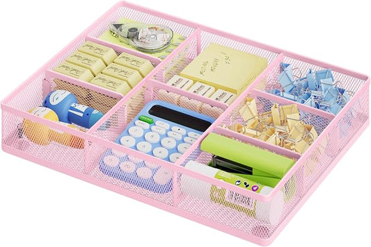 Marbrasse Pink Desk Drawer Organizer, Metal Mesh Drawer Organizer Tray by Marbrasse
