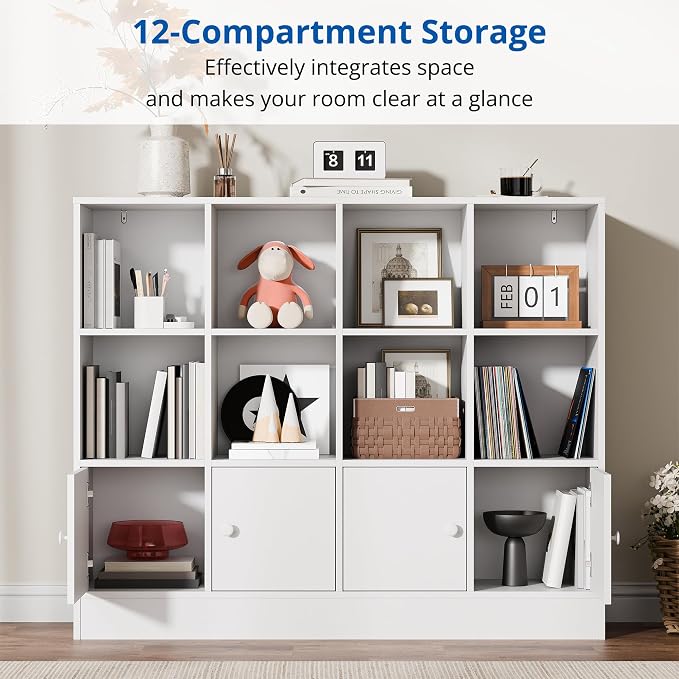Cozy Castle White Wood Bookcase, 12 Cube Storage Organizer Bookshelf - Image 8