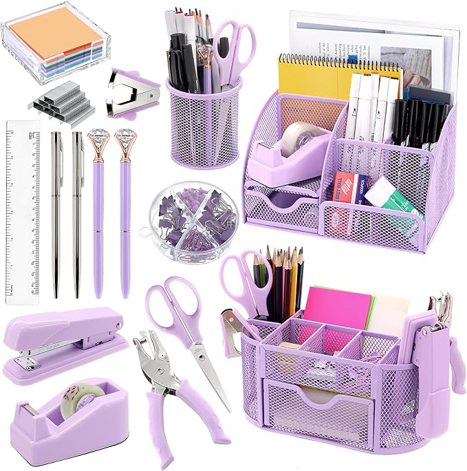 17 in 1 Purple Desk Organizers and Accessories Set, 3 Office Desk Supplies by Froidesente