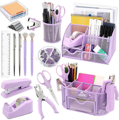 17 in 1 Purple Desk Organizers and Accessories Set, 3 Office Desk Supplies by Froidesente