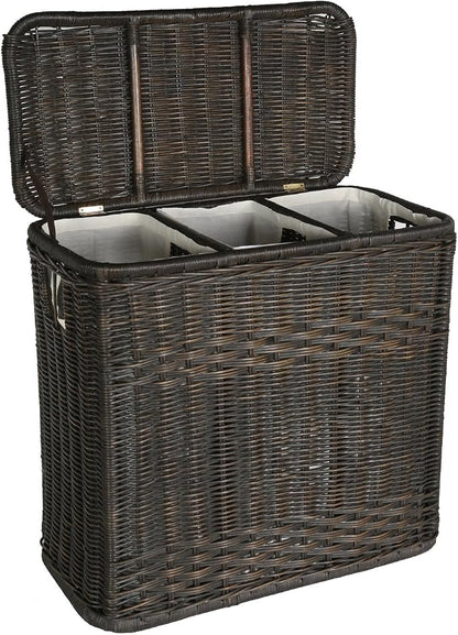 The Basket Lady 3-Compartment Wicker Laundry Sorter Hamper, 30 in L x 15 in W x by TheBasketLady