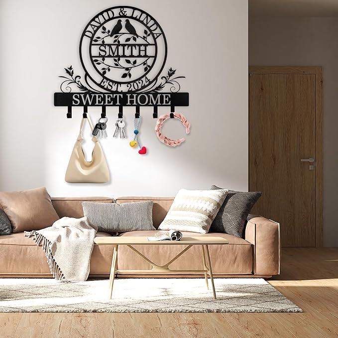 Key Holder for Wall, Personalized Couple's Name Key Rack Coat Rack, Metal Key - Image 2