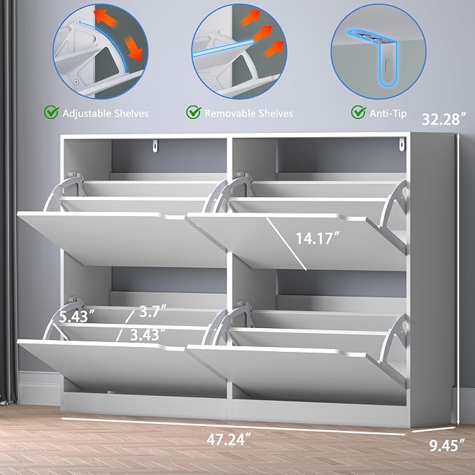 BORNOON Shoe Cabinet with 4 Flip Drawers, Narrow Hidden Shoe Storage Cabinet - Image 2