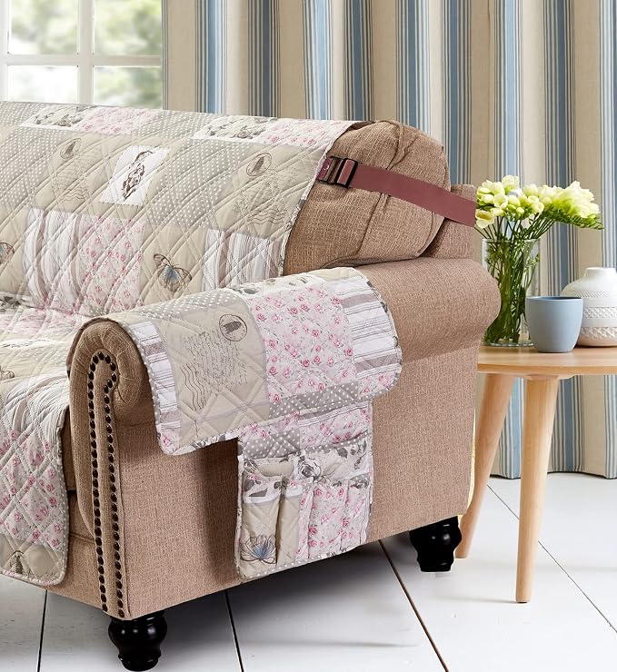 Brilliant Sunshine Grey Cupid and Pink Rose Patchwork Sofa Armrest 5 Pockets - Image 6
