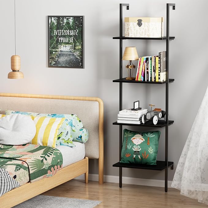 Ladder Shelf 4 Tiers Metal Industrial Bookshelf, Wall Mount Wide Book Case - Image 2