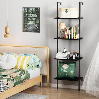 Ladder Shelf 4 Tiers Metal Industrial Bookshelf, Wall Mount Wide Book Case - Image 2
