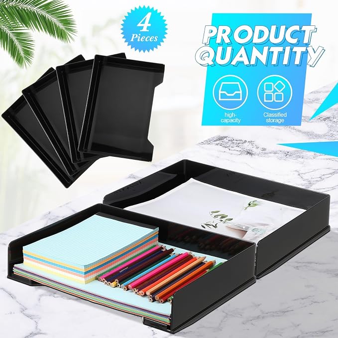 DoubleFill 4 Pcs Stackable Letter Tray Rectangular Plastic Desk Organizer 13 x - Image 3