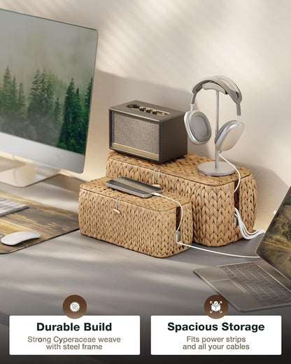 Large Cable Management Box, Natural Rattan Cable Cord Organizer Boxes - Image 2