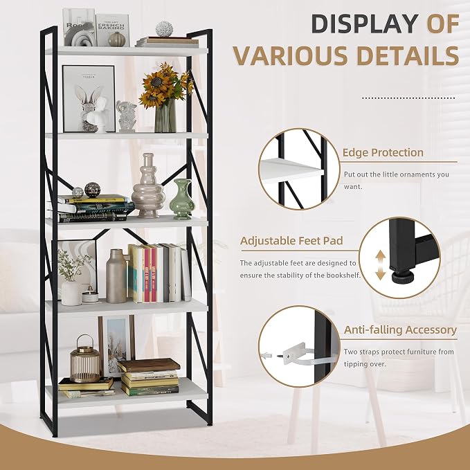 Vongrasig 5 Tier Bookshelf, Modern Tall Bookcase, Industrial Book Shelves - Image 6