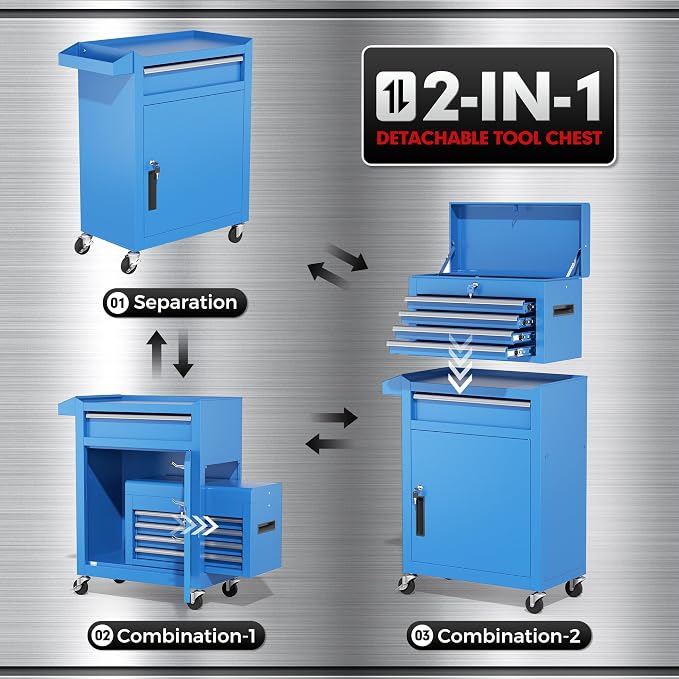 INTERGREAT Rolling Tool Chest, 5-Drawer Tool Box Organizer, Lockable Wheels & - Image 4