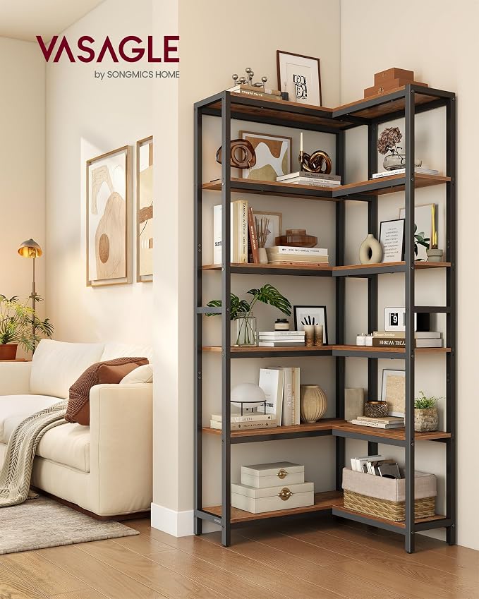 VASAGLE 6 Tier Bookshelf with Metal Frame, Convertible Industrial Corner Shelf - Image 2