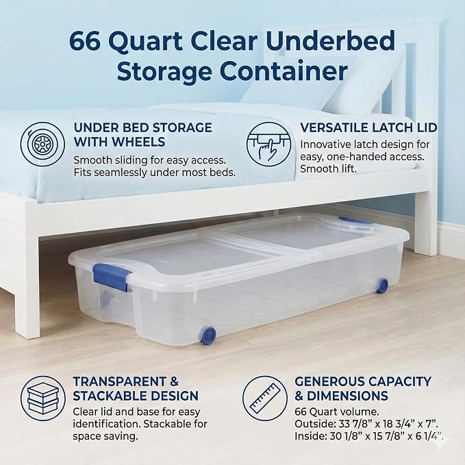 66 Quart Clear Underbed Storage Container, Stackable Bin - Image 2