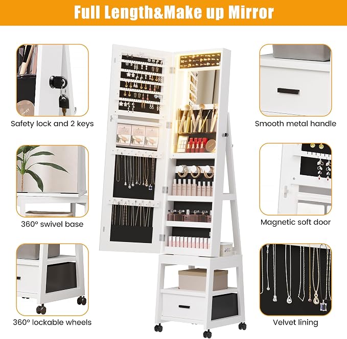 GarveeHome Full Length Mirror Jewelry Organizer, 66 in Lockable Jewelry Armoire - Image 6