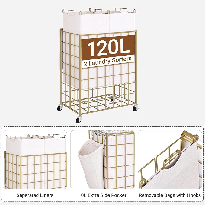 Laundry Basket with Wheels, Heavy Duty Laundry Sorter 2 Sections, 120L Large - Image 2