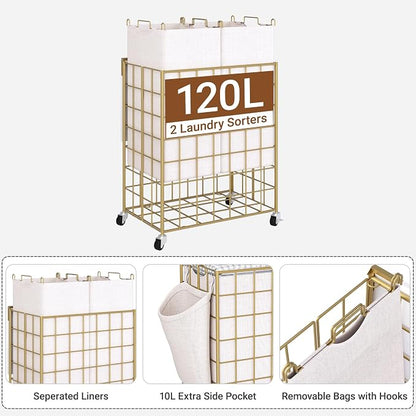 Laundry Basket with Wheels, Heavy Duty Laundry Sorter 2 Sections, 120L Large - Image 2