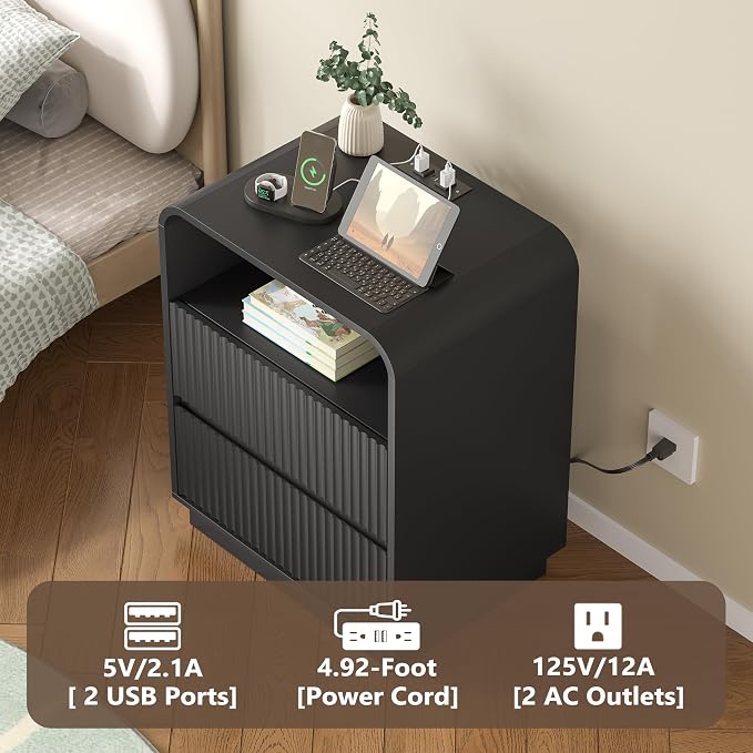Dresser with 2 Drawers and Charging Station, Fluted Bedside Table with Round - Image 4