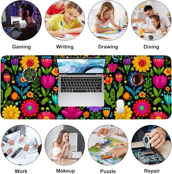 Folk Art Floral Mouse Pad – Large Extended Desk Mat 31.5 x 11.8 in– Colorful - Image 9