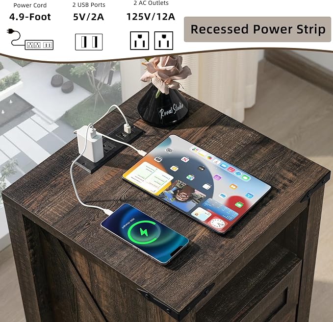 Nightstand with Charging Station and USB Port, Farmhouse Side End Table with 2 - Image 4