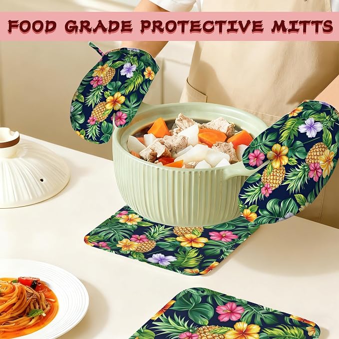 Pineapple Heat-Resistant Silicone Oven Mitts and Pot Holders, Hawaiian Tropical - Image 7