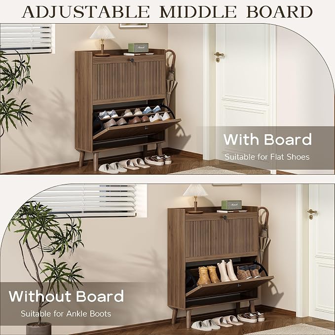 Fluted Shoe Cabinet Storage for Entryway, 31.5" W Narrow Shoe Cabinet - Image 3