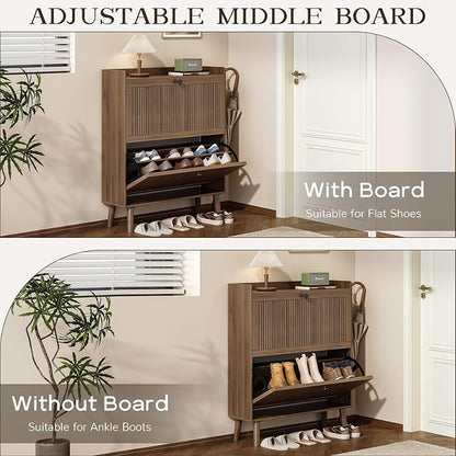 Fluted Shoe Cabinet Storage for Entryway, 31.5" W Narrow Shoe Cabinet - Image 3