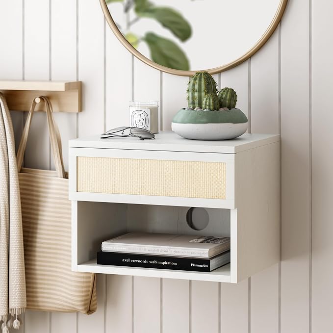 Rattan Floating Nightstands Set of 2, Wall Mounted End Table - Image 6