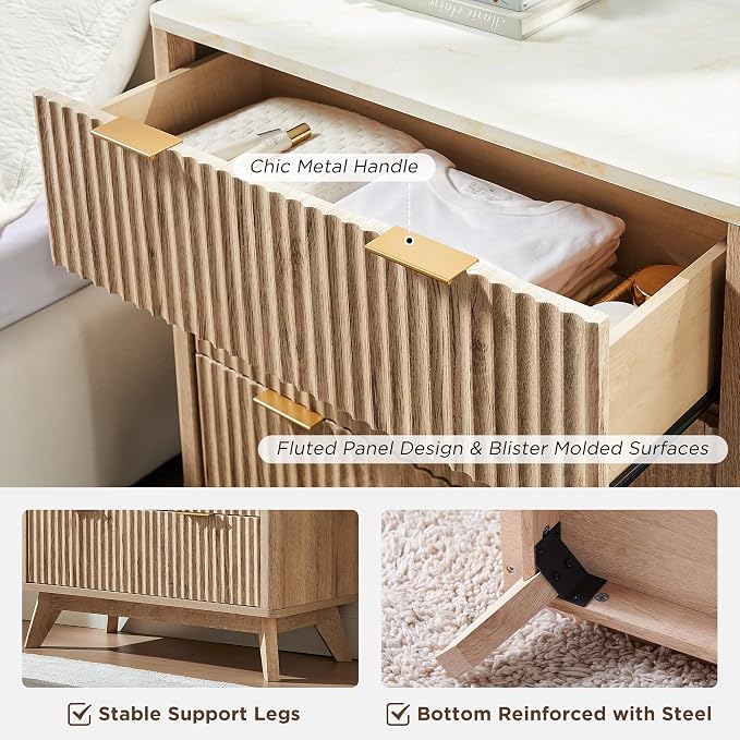 T4TREAM Fluted 3 Drawers Nightstand Set of 2, Oversized Extra Large Modern Side - Image 6