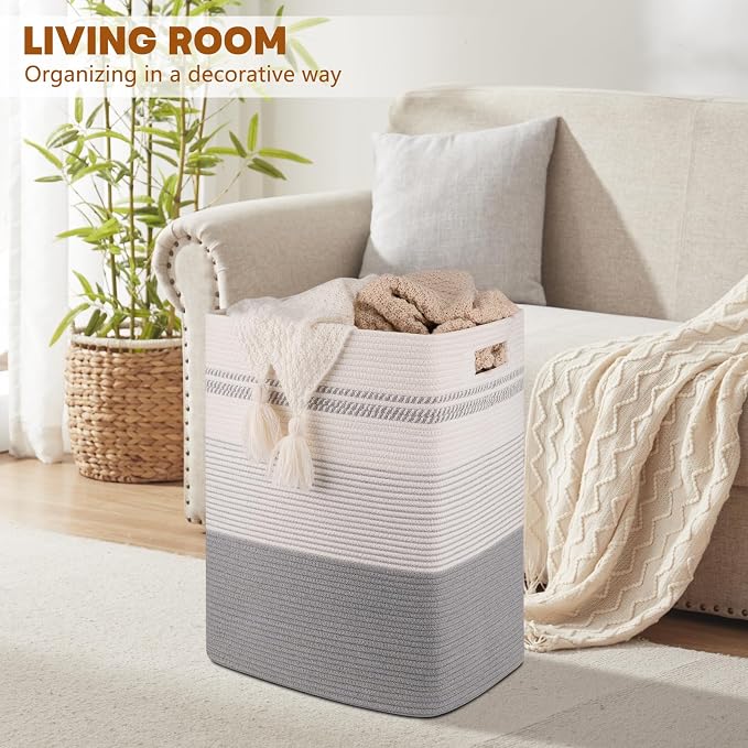 Laundry Hamper, Large Woven Rope Tall Laundry Basket - Image 8