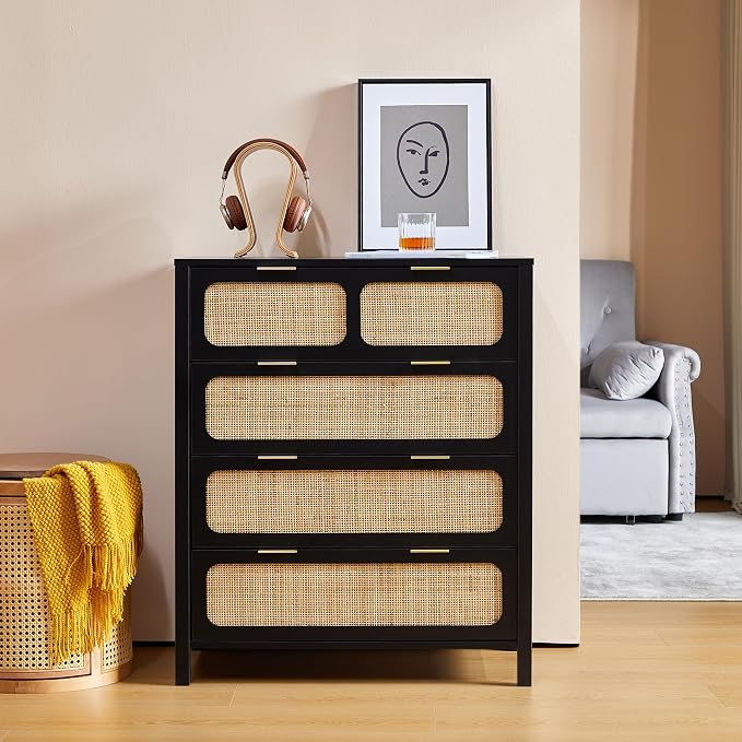 4 Drawer Dresser with Rattan Finish, Modern Farmhouse Chest of Drawers with by YUCHIATHSoulFurniture