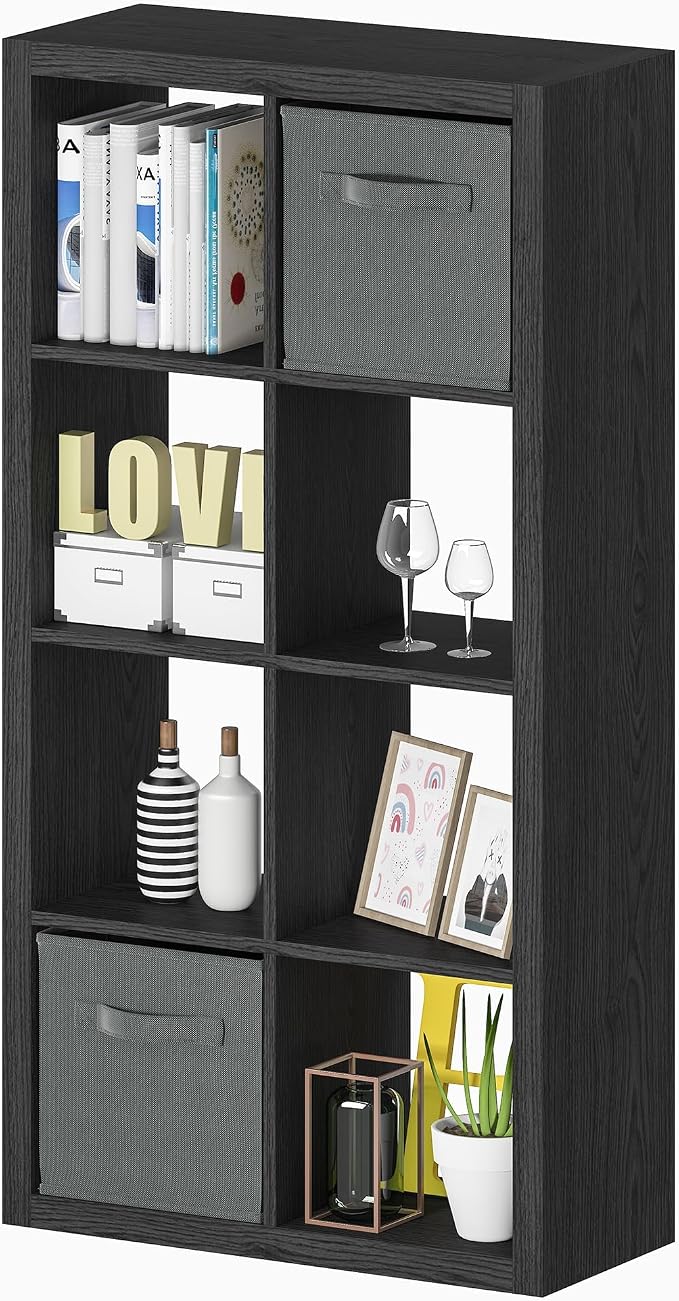 Bookshelf with Storage Bins, 8-Cube Storage Organizer, Modern Black Bookshelf - Image 7