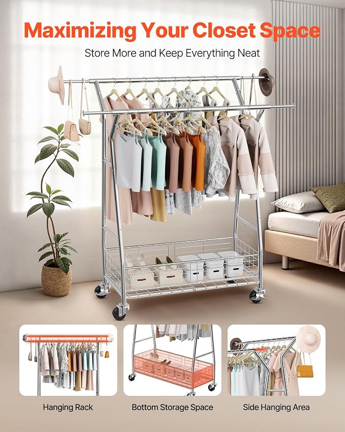 VEVOR Clothes Rack, Rolling Clothing Garment Rack, Extendable Carbon Steel - Image 2