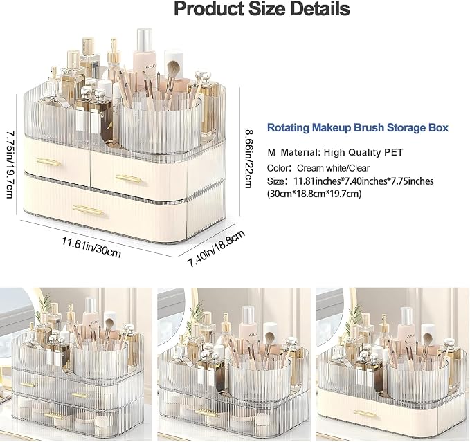 DASITON Makeup Organizer with Drawers and Rotating Makeup Brush Holder - Image 7