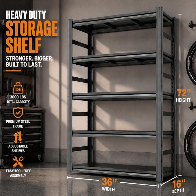 PRESTELION Garage Shelving 5-Tier Heavy Duty Metal Unit, 3000 LBS Adjustable - Image 2