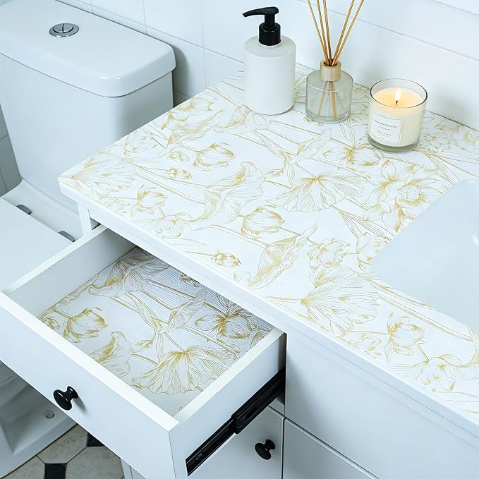 Shelf Liners Non Adhesive Light Base Gold Lotus Pattern - Image 4