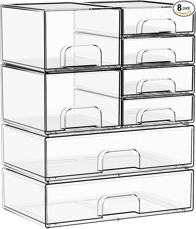 Yieach 8 Pack Clear Stackable Storage Drawers, Acrylic Drawer Organizer by Yieach