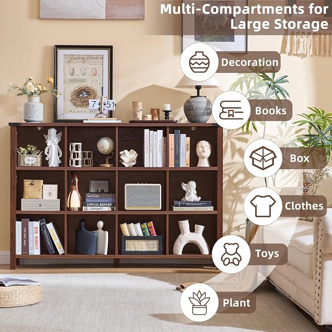 Joaxswe 12 Cube Storage Organizer, Farmhouse 62 Inch Wide Brown Walnut Display - Image 4