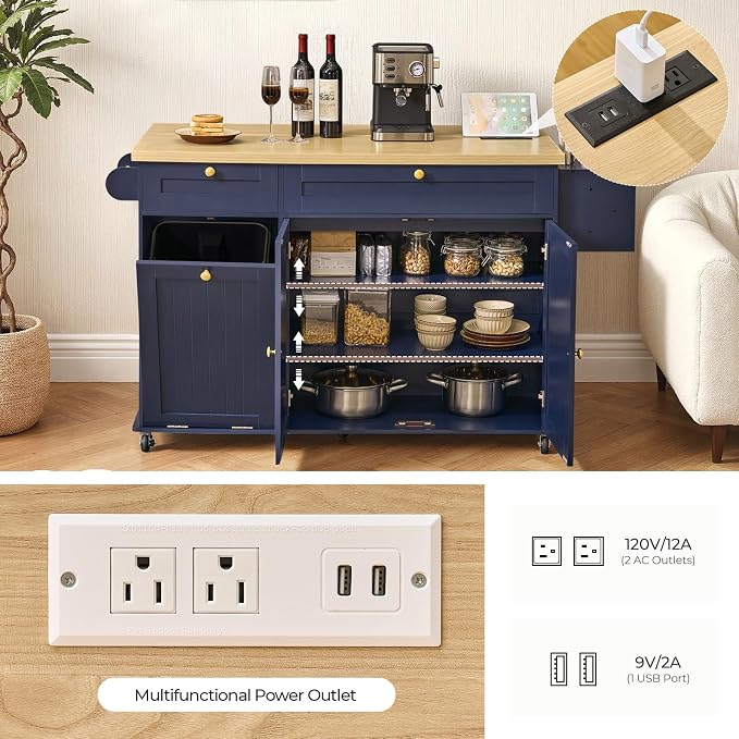 60.2" Kitchen Islands with Storage, Rolling Island Table with Trash Can Storage - Image 5