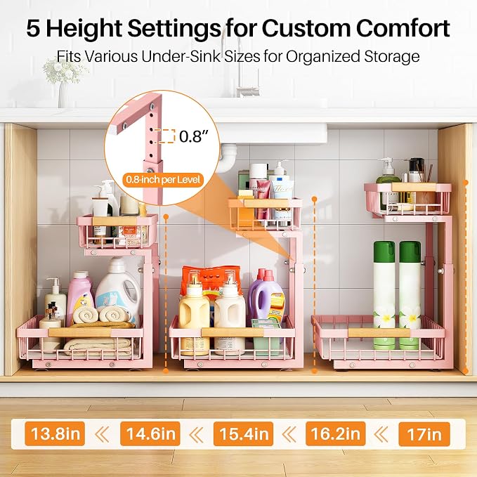 PXRACK Under Sink Organizer, Adjustable Height, 2 Tier Pull Out Under Cabinet - Image 5