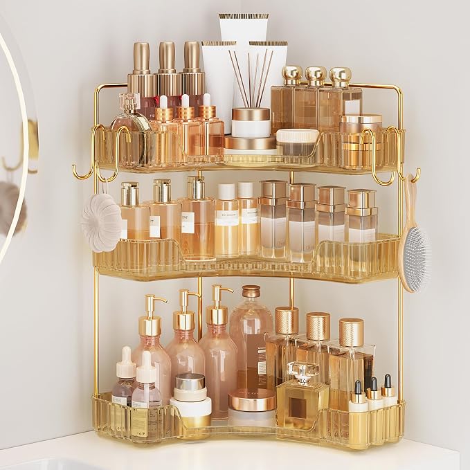 Golden 2-Tier Corner Bathroom Organizer, Countertop Storage Shelf by Kinkota
