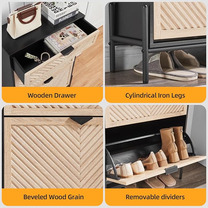 Shoe Cabinet with 2 Flip Drawers, Narrow Entryway Rack, Oak&Black | Slanted - Image 7