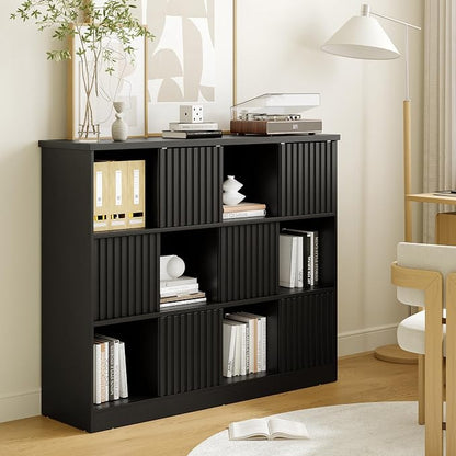 iPormis 12 Cube Bookcase with 6 Fluted Sliding Doors, 3 Tier Wooden Bookshelf - Image 4