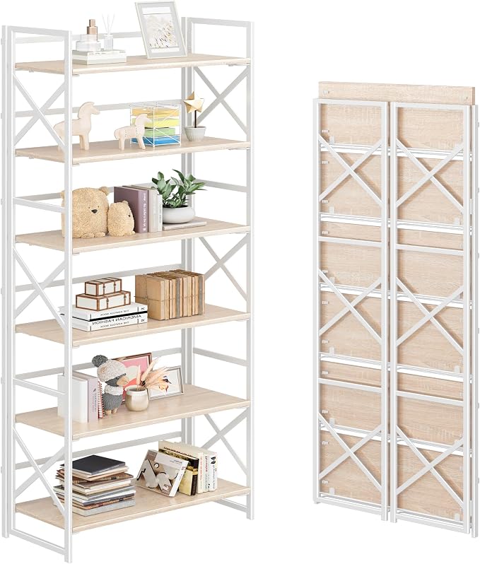 4NM 6 Tiers No Assembly Book Shelves, 61.8" H Folding Bookshelf Bookcase Open by 4NM