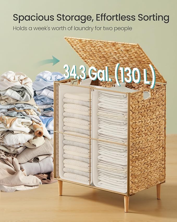 SONGMICS Laundry Hamper 2 Sections, 34.3 Gal. Handwoven Water Hyacinth Wicker - Image 3