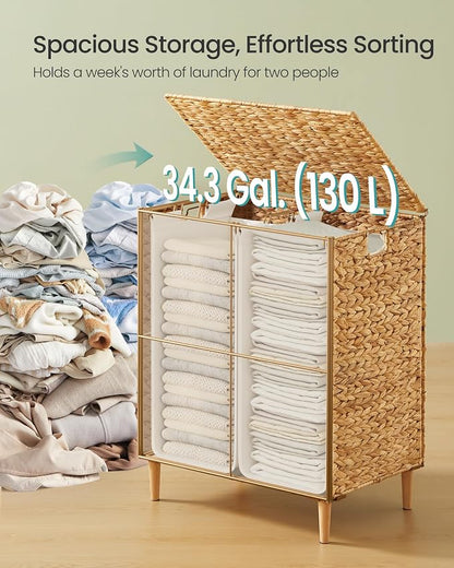 SONGMICS Laundry Hamper 2 Sections, 34.3 Gal. Handwoven Water Hyacinth Wicker - Image 3