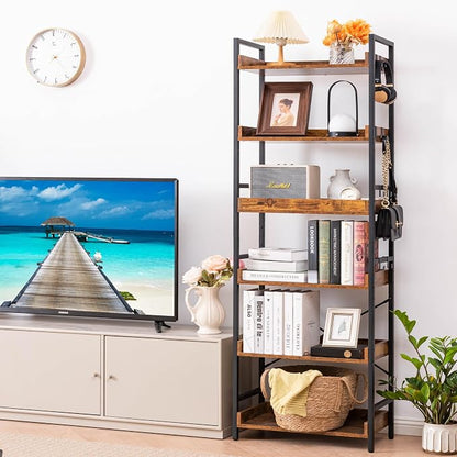 HCHQHS Adjustable 6 Tier Open Bookcase, Rustic Farmhouse Book Shelves, - Image 8