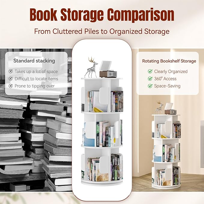 3-Tier 360° Rotating Bookshelf, Round Floor Standing Bookcase - Image 4