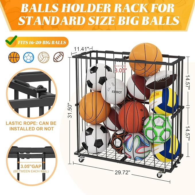 Large Garage Ball Storage, Rolling Floor Sports Equipment Organizer: - Image 3
