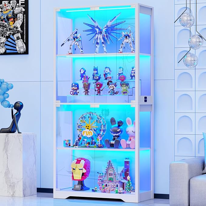 Display Cabinet with Glass Doors, 4-Tier Curio Cabinet with 3 Color Lights by BROTTAR